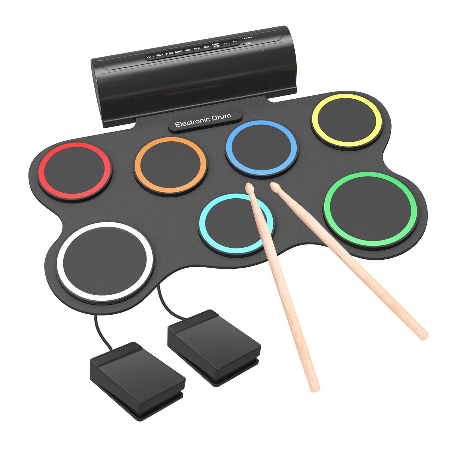 Batería electrónica, 7 almohadillas, batería electrónica plegable con baquetas y altavoces duales, juego de batería eléctrica portátil de color para niños, principiantes, cumpleaños y regalo
