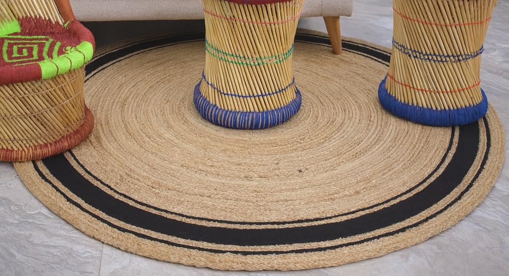 Tapis tressé à la Main en Jute Naturelle avec Lignes Noires - Rond - 150 x 150 cm