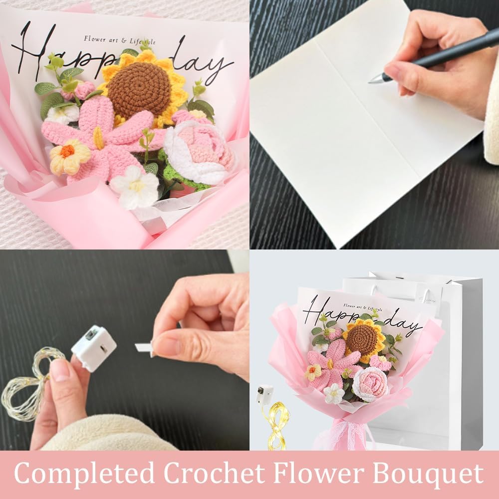 suyakota Crochet Flowers Bouquet Sunflower Tulips : Handmade Knitted Bouquet for Valentine's Day Mother's Day Birthday Home Decor Girlfriend Graduation (Pink)