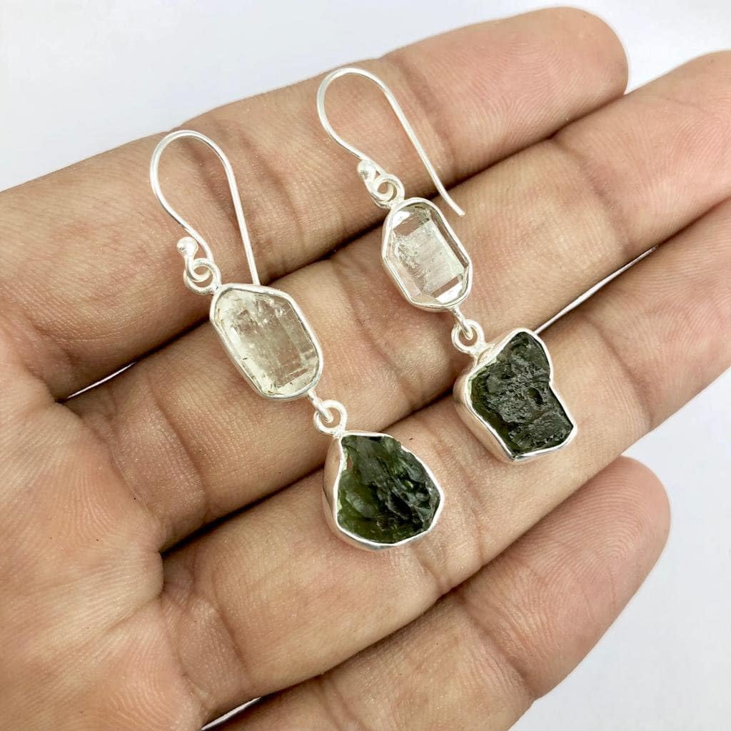 Authentic Moldavite and Herkimer Diamond Earrings 925 Sterling Silver Handmade Dangle Crystal Earrings for Woman Gift for Her