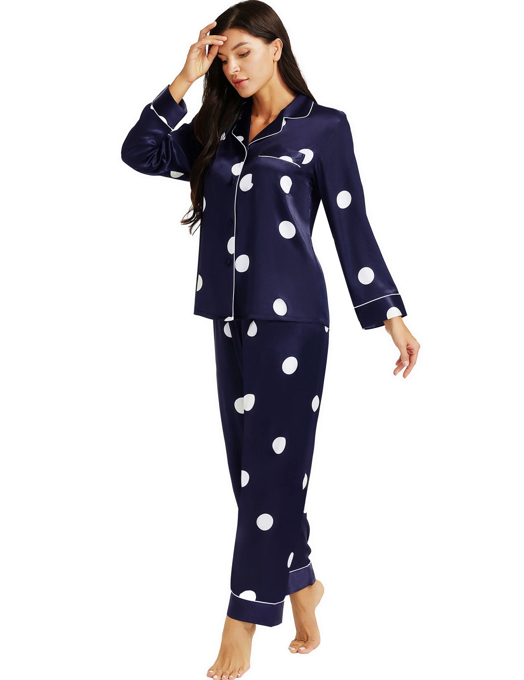 LONXUWomens Satin Pajama Set Button Down Sleepwear Long Pj XS-3XL