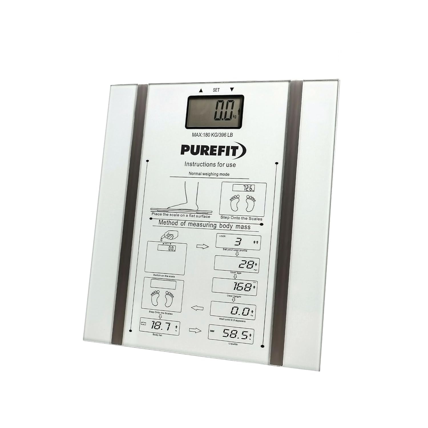 PUREFITDigital Body Fat Scale Ultra Slim Bathroom Weight Scale With High Precision Up To 0.1Kg 4 Gauge Sensors LED Display Body Weight Scale LB/KG/ST 150Kg Max Weight Battery Operated (Not Included)