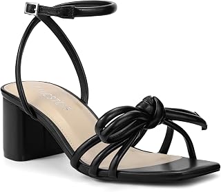 Women's Bow Knot Block Heel Sandals,Square Toe Heeled Sandals with Adjustable Ankle Strap,Chunky Heels for Dressy Casual Wedding Party