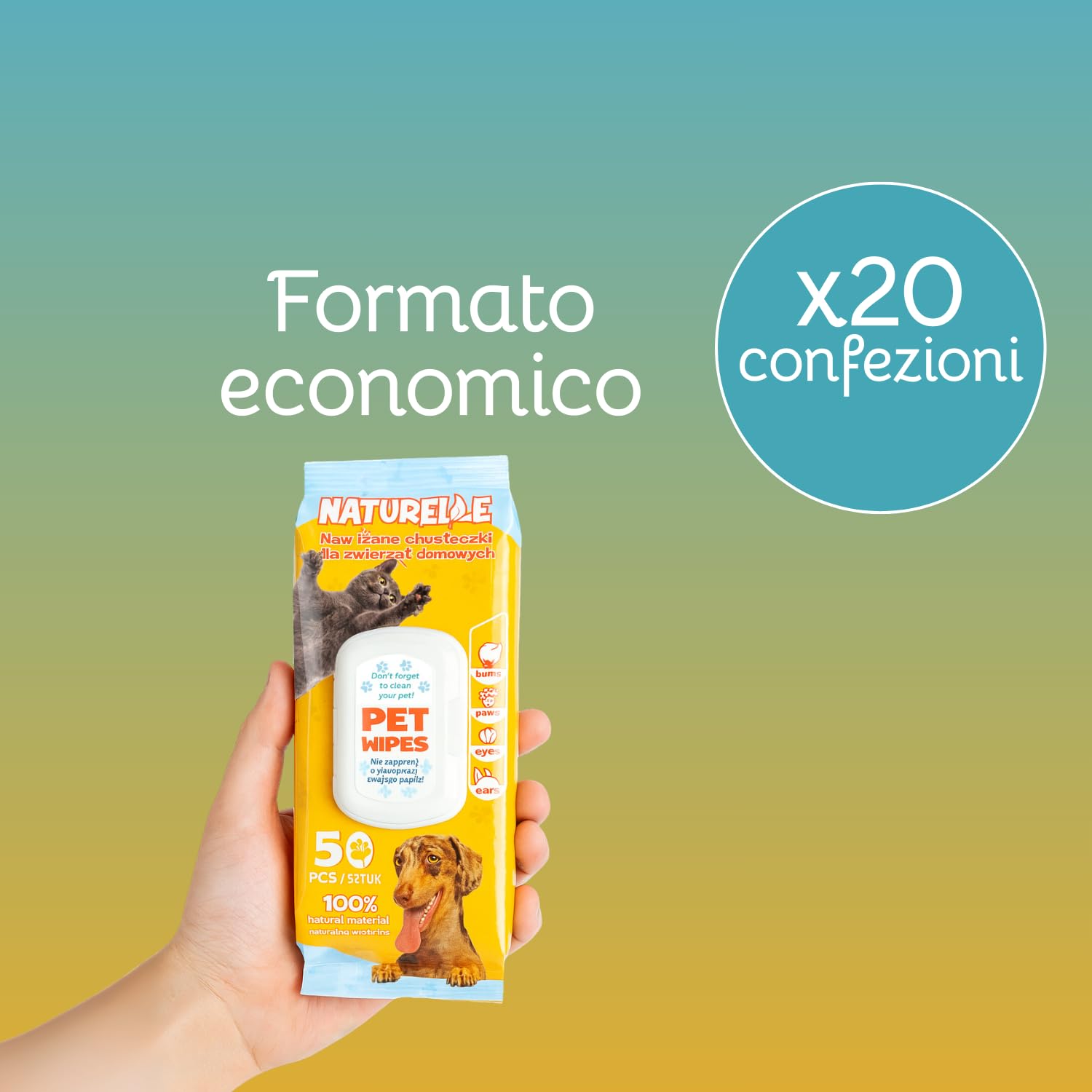 Salviette per Cani e Gatti (1000 unità) – detergenti e idratanti – per Occhi, Orecchie, Zampe e Pelo – igiene Quotidiana Animale – Confezione 20 x 50 salviettine