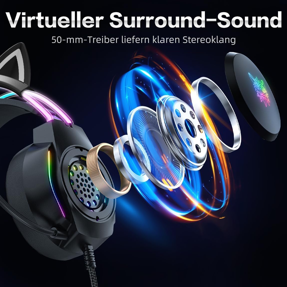 Gaming Headset mit Katzenohren & Mikrofon – RGB-Regenbogenbeleuchtung & 7.1 Virtual Surround Sound – 3,5-mm-kabelgebundene Over-Ear-Kopfhörer für PC/PS4/PS5/Xbox/Switch (Ergonomisches Design)