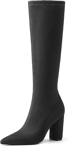 NEWBELLA Women's Suede Knee High Boots - Comfortable Chunky Heel Boots with Side
