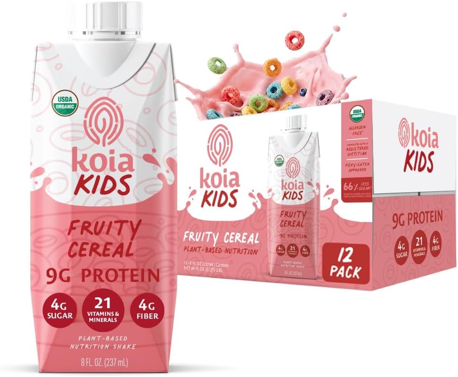 Koia Kids Plant Based Protein Shake, Fruity Cereal, Ready to Drink, 9g Protein, 4g Low Sugar, 4g Fiber, 21 Vitamins & Minerals, Dairy-Free, Allergen-Free, Organic, Non-GMO, 8 Fl Oz (Pack of 12)