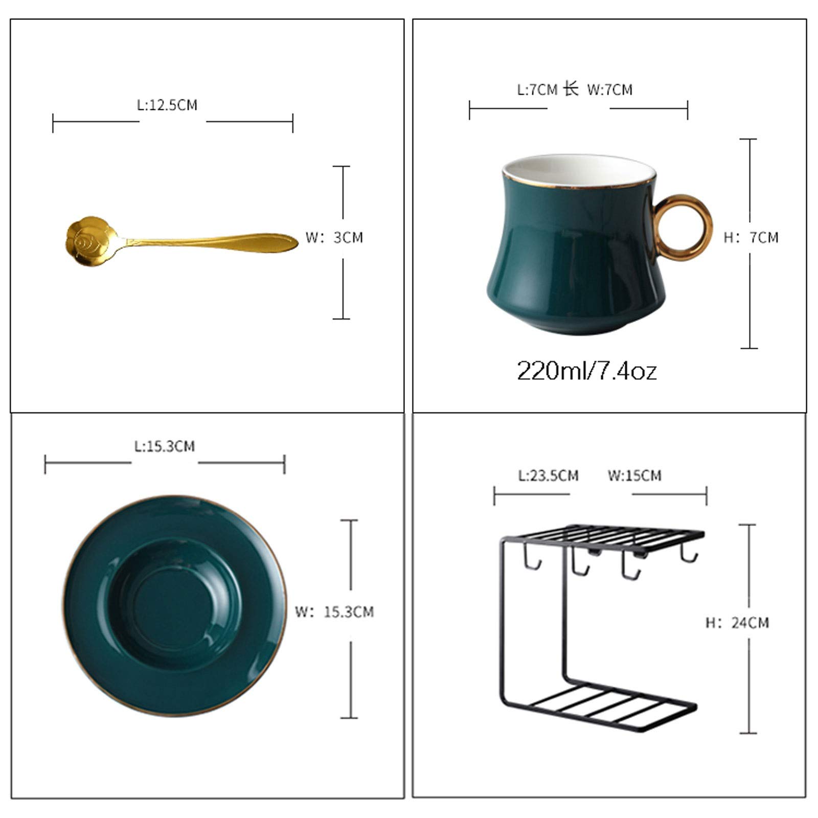 Kaffeetasse Keramik Tasse Untertasse Set Porzellan Teetasse Set Kaffeetasse Saucer Set 7.4 Oz China Teetasse mit Anzeigeständer, Set von 6 Teetasse(Dark green)