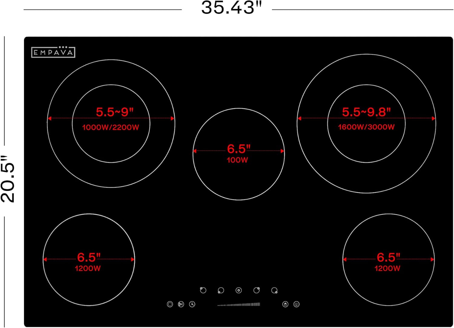 Empava 36 Inch Electric Ceramic Cooktop, 5 Radiant Burners with Dual-Ring Rear Zones & 100W Warmer, Touch Slider Controls, Stop & Go, Child Lock, Built-in, ETL Certified