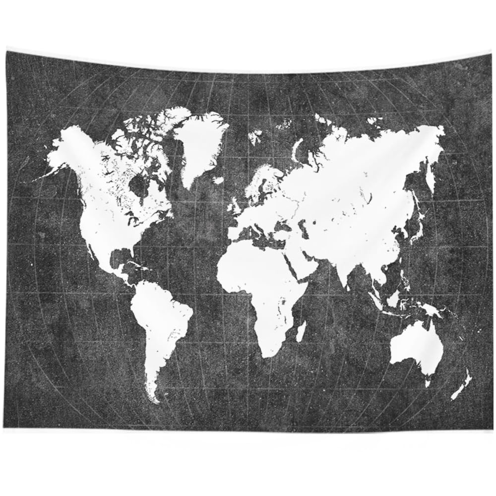 CAPSCEOLL World Map Wall Tapestry Black Tapestries Wall Hanging Large Map Tapestryfor Bedroom 80X60 Inches,Black White