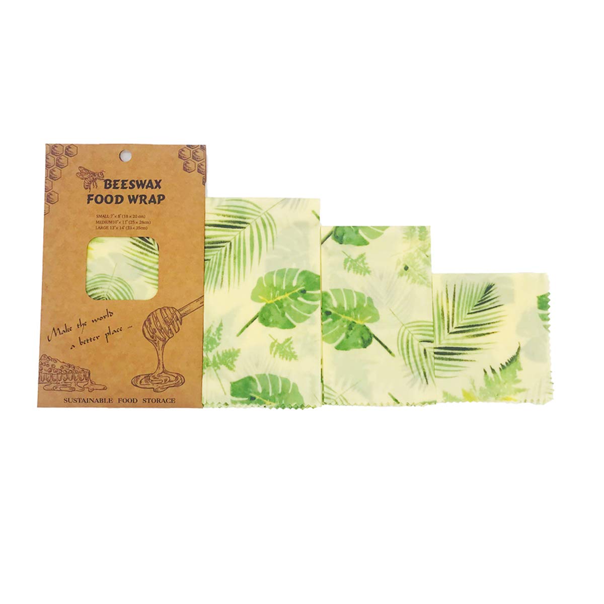 Beeswax Food Wraps, Reusable Beeswax Wraps Food Storage Wraps,Set of 3 (Light Green Leaves)