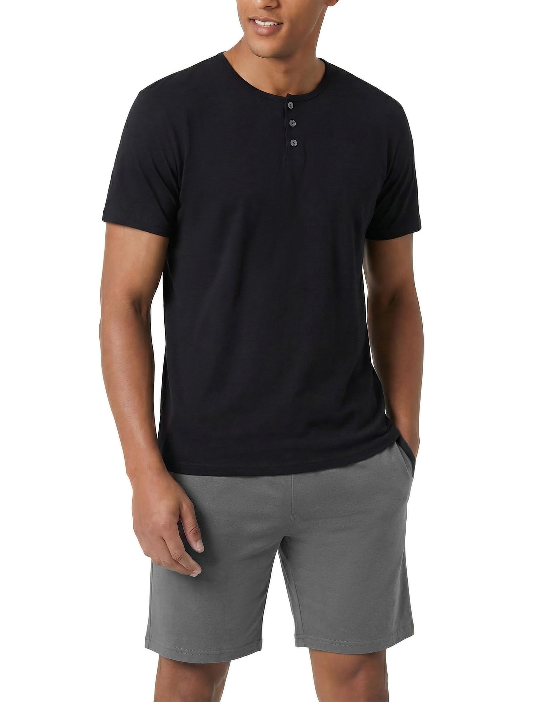 Aseniza Schlafanzug Herren Kurz Baumwolle Sommer Pyjama Set Shorty Nachtwäsche für Männer Rundhals mit Knopfleiste
