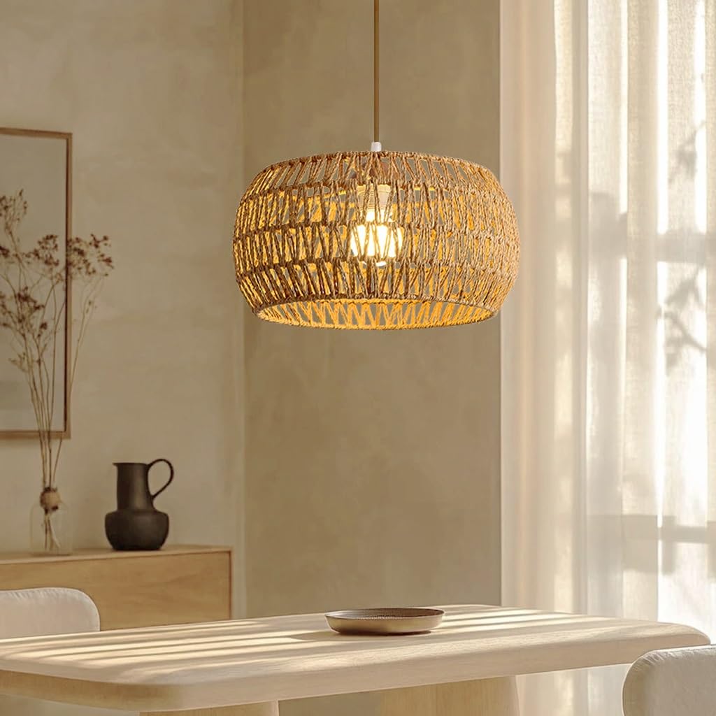 E27 Lampada A Sospensione Rustica Lampadario Rattan Paralume Rattan Lampadario Soggiorno A Sospensione Lampadario Vimini Boho Plafoniera Per Cucina Sala Sala Da Pranzo Camera Da Letto(A)