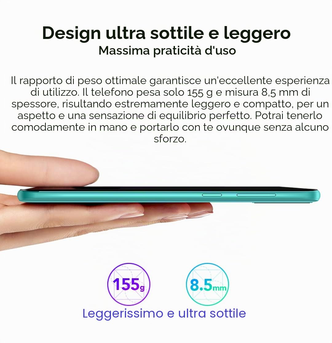 Ulefone Android 12 Smartphone NOTE 6T, 2.0GHz Quad Core 3GB+64GB, 8,5mm Ultra Sottile 4G Cellulare DUAL SIM, Schermo HD+ 6,1'', Slot Per 3 Schede, Fotocamera 13MP+5MP, GPS WIFI Sblocco Facciale Nero