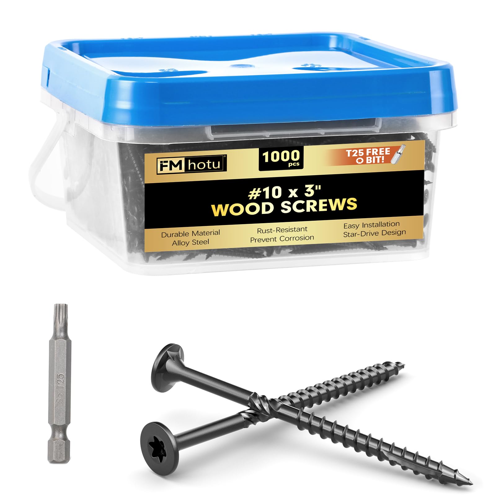 Photo 1 of #10 x 3” Deck Screws, 1000Pcs Star Drive Wood Screws, Rust Resistant Timber Screws for Timber/Log/Landscaping Wood, T25 Star Bit Included, Black