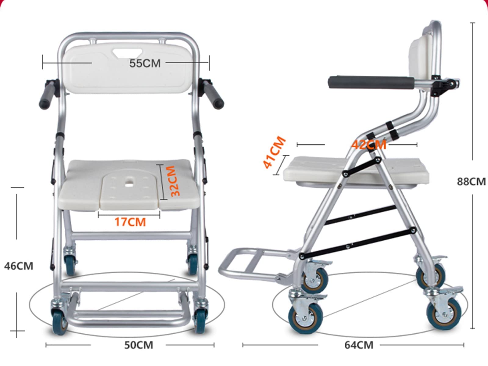 Taburete de Ducha Plegable Silla de Ducha con Ruedas para Personas Mayores y Discapacitados, Taburete Ducha Antideslizante con Freno y Respaldo, Silla de Inodoro - Carga 120kg