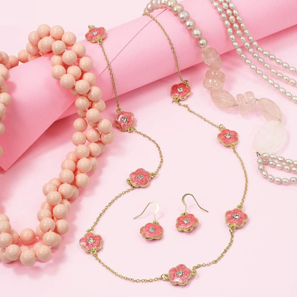 Bling Jewelry Fashion Black White Pink Aqua Orange Enamel Flower Long Wrap Layer 14K Gold Plated Crystal Accent Station Chain Wrap Layer Clover Necklace For Women 36 Inch - Image 6