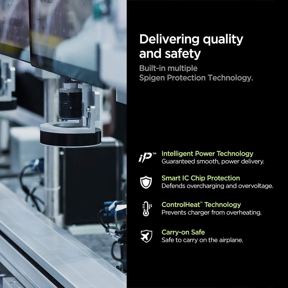 Diagram showing Spigen's protection technologies: Intelligent Power Technology, Smart IC Chip Protection, ControlHeat Technology, and Carry-on Safe.