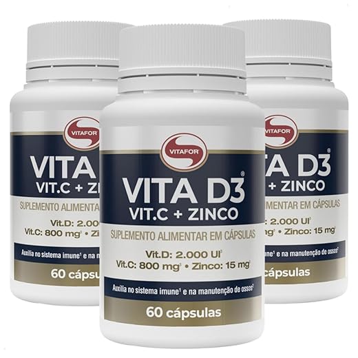 Kit 3 Vita D3 + C + Zinco Vitafor 60 Cápsulas