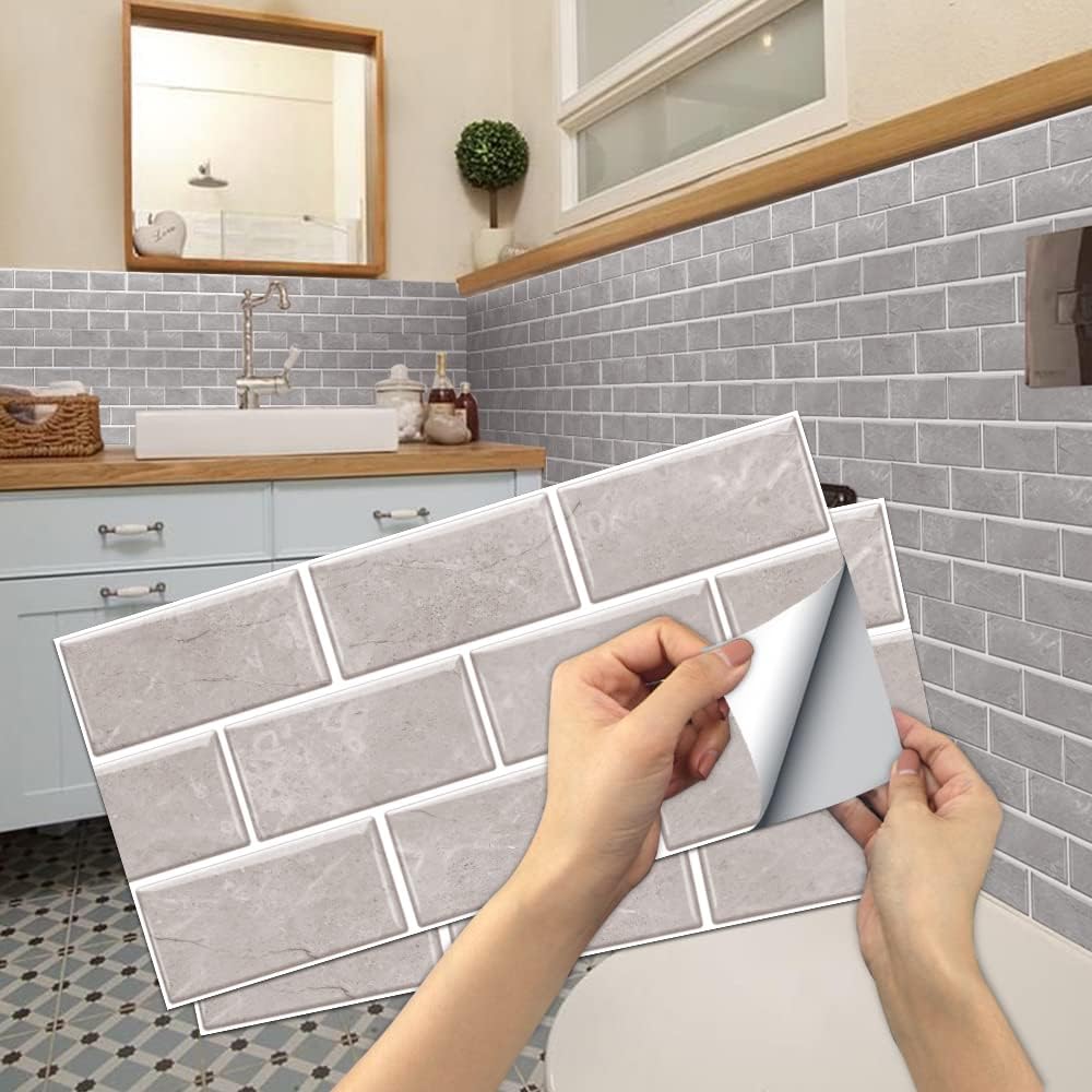 BIGTHREE Tile Stickers 12 Sheets, Peel and Stick Self-Adhesive Wall Tiles Stickers Grey, Tiles Self Adhesive Waterproof Oilproof Tiles Retro Style DIY Home Decor for Kitchen and Bathroom