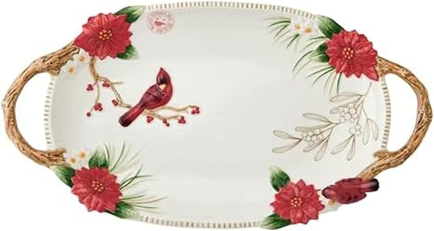 Fitz and Floyd Poinsettia Holiday Cardinal Large Serving Handled Platter, Festive Red White Christmas Serveware for Seasonal Entertaining, 20.5 Inch