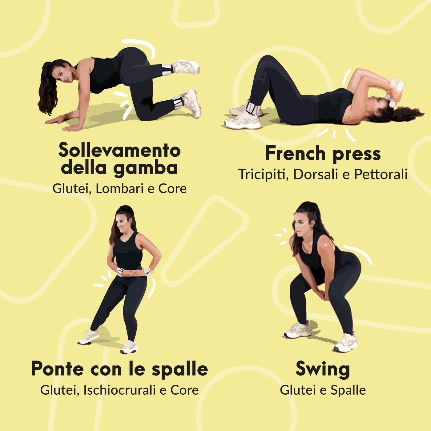 FITFIU Fitness SHAPES KIT - Confezione da 4 accessori sportivi: 1 kettlebell 2 cinghie da polso 2 manubri 2 dischi scorrevoli 1 elastico in acciaio in silicone bianco SHAPES COLLECTION di Patry Jordan