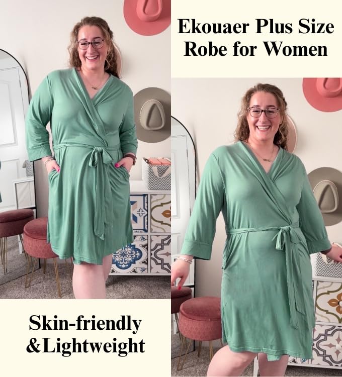 Image of Ekouaer Women Plus Size Robe Knee Length Lightweight Bathrobe Short Kimono Robes with Pockets Maternity Robe