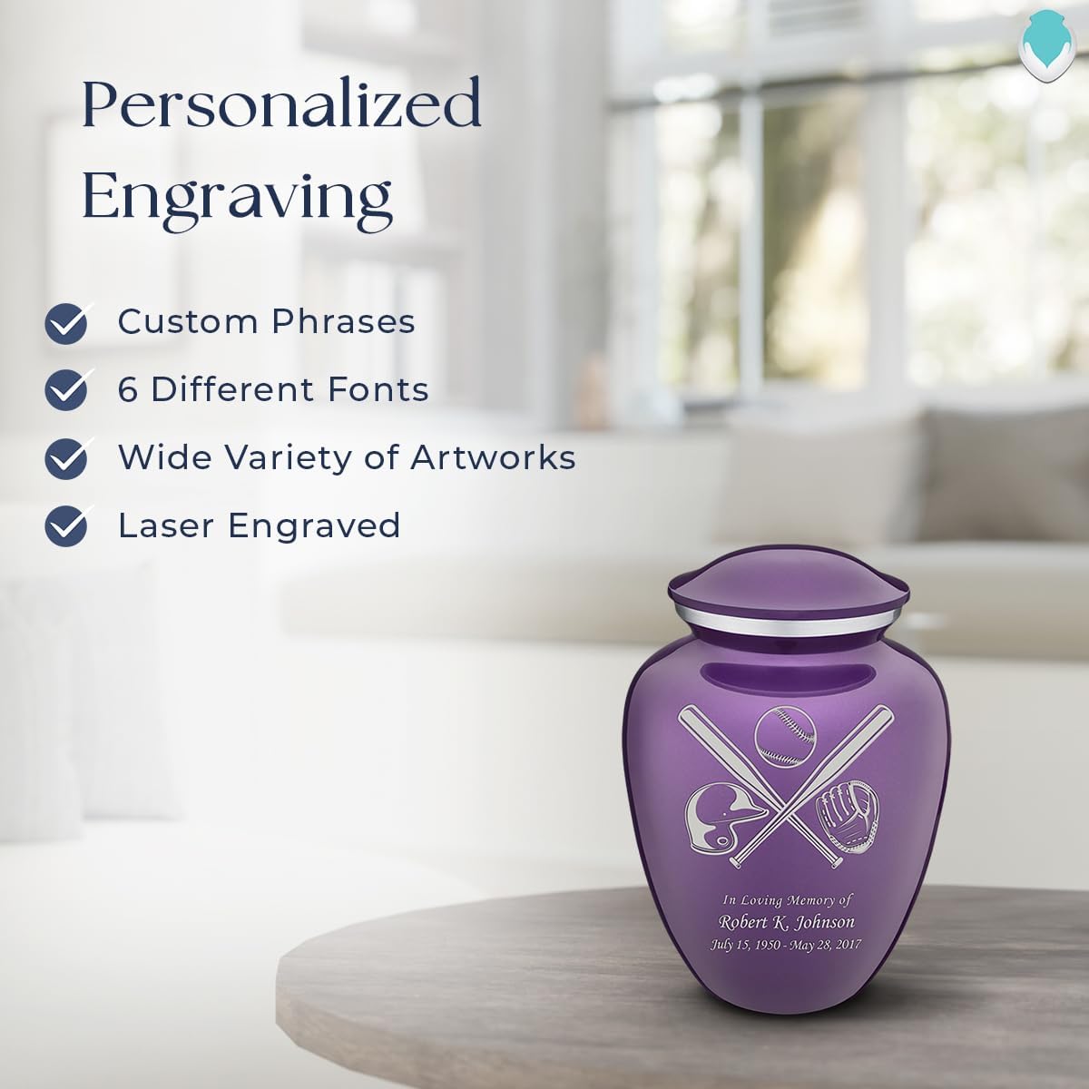 Geturns - Small Personalized Baseball Cremation Urns for Human Ashes I Purple Funeral Urn for Men and Women I Holds up to 44 Cubic Inches