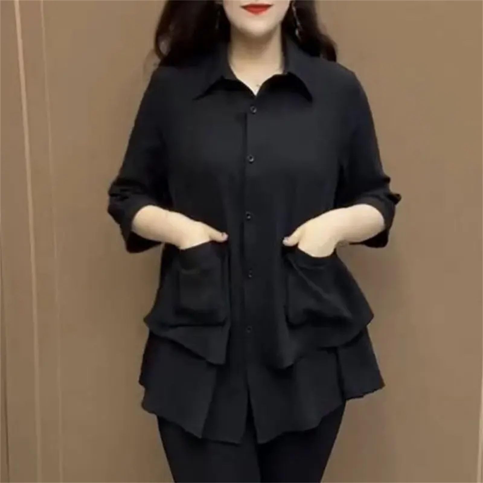 Blusa holgada con bolsillos de retazos para mujer, con solapa, manga 3/4, color liso, camisa de un solo pecho