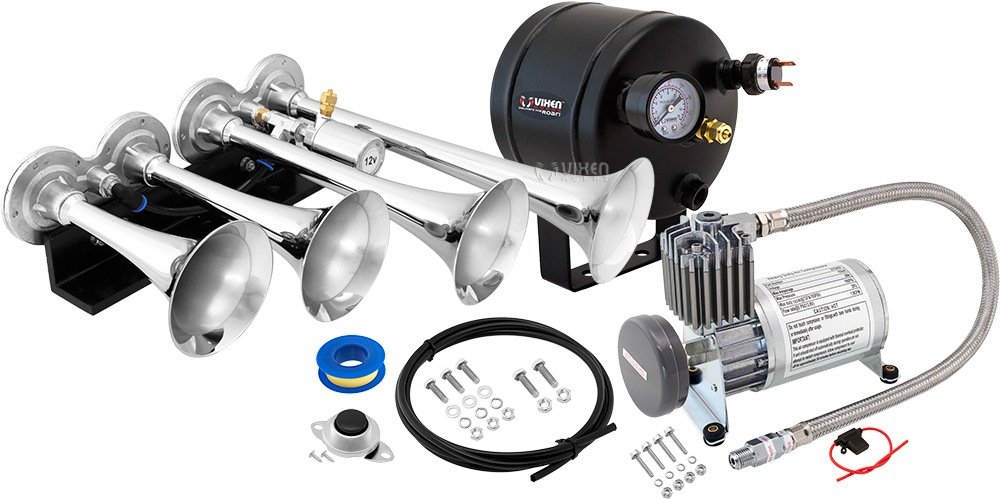 Vixen Horns Train Horn Kit for Trucks/Car/Semi. Complete Onboard System- 150psi Air Compressor, 0.5 Gallon Tank, 4 Trumpets. Super Loud dB. Fits Vehicles like Pickup/Jeep/RV/SUV 12v VXO8805/4124C