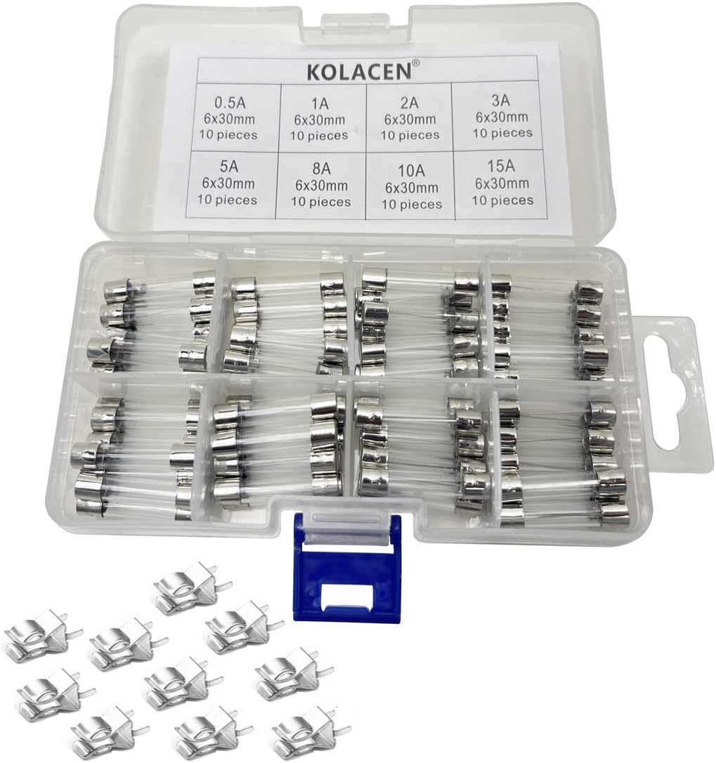 Quick Fast-Blow Glass Tube Fuse 6 x 30 mm Assorted Kit 0.5Amp 1Amp 2Amp 3Amp 5Amp 8Amp 10Amp 15Amp (Pack of 80) + 10 Pieces Fuse Clips Holder
