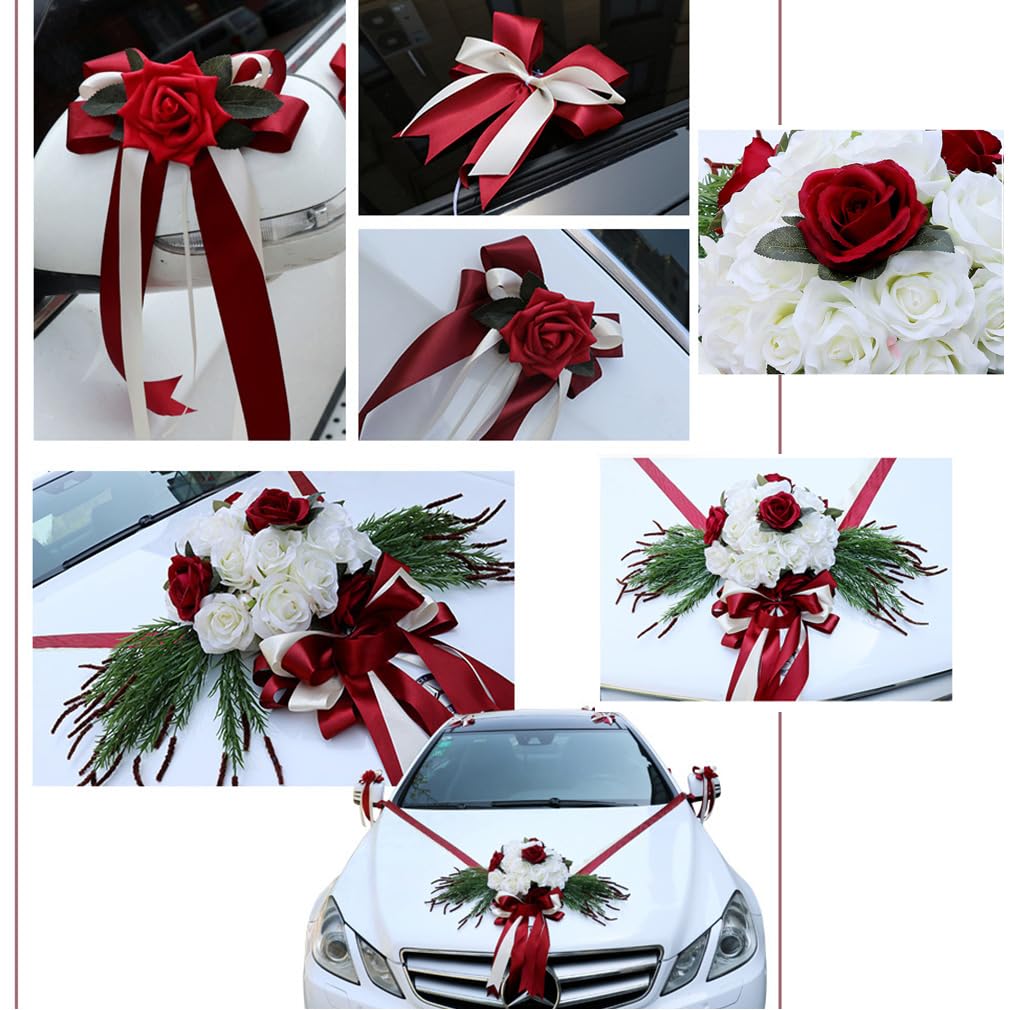 Autoschmuck Hochzeit Set Blume Hochzeitsdeko Autoschleifen Auto Blumenschmuck Hochzeitsschmuck mit Saugnäpfen Autodekoration Auto Schmuck Dekoration für Hochzeit Zeremonie Set 3#