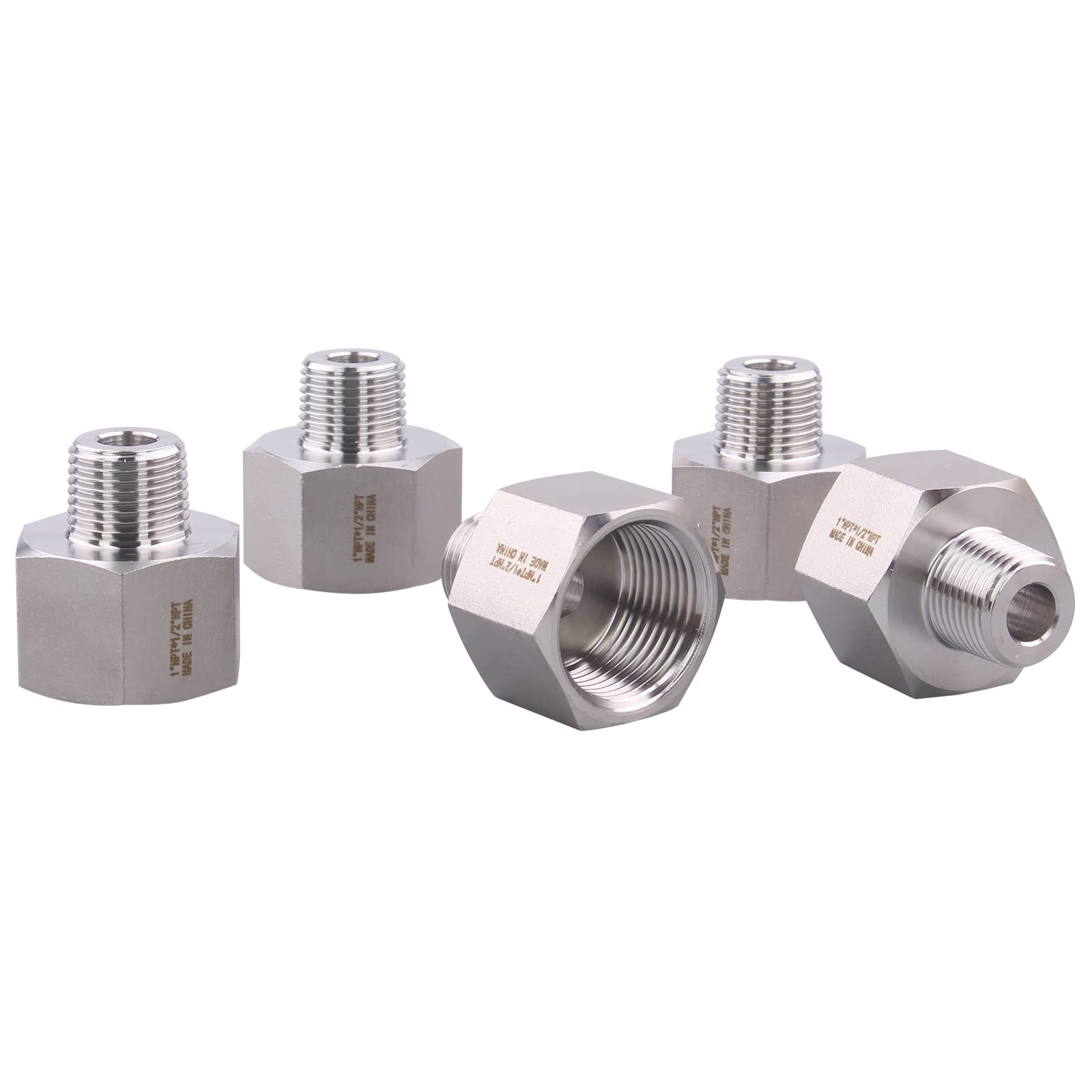 Forged Reducer Adapter Fitting - Stainless Steel 304 Reducing Pipe Connector, 1" NPT Female x 1/2" NPT Male (pack of 5)