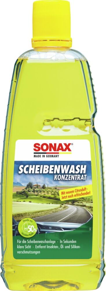 SONAX ScheibenWash Konzentrat mit Citrusduft (1 Liter) Reinigungskonzentrat für die Scheiben- und Scheinwerferwaschanlage im Sommer | Art-Nr. 02603000