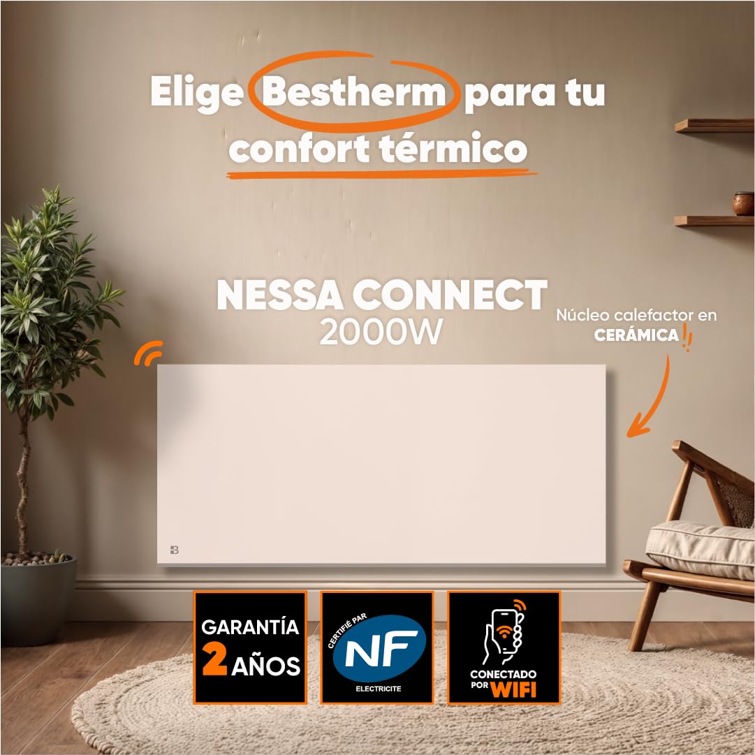 Bestherm NESSA CONNECT, Radiador Eléctrico WiFi, 2000W, Cerámica, Blanco, 60 cm
