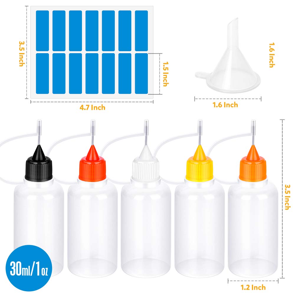 15 PCS Precision Tip Applicator Bottle, FANDAMEI Glue Applicator Bottles with 5PCS Mini Funnel&28PCS Sticker. 30ml/1 Ounce Metal Needle Tip Bottle for Alcohol Ink DIY Quilling Craft Acrylic Painting