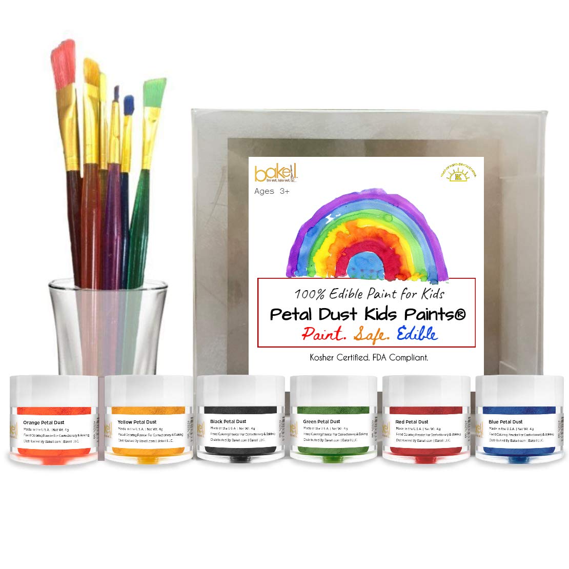 Bakell Edible Paint for Kids & Toddlers (6 Pack Edible Paint Set w/Paint Brushes) Kosher Certified | 100% Edible Paint for Kids, 3+ | Vegan, Gluten Free, Nut Free, Dairy Free, Non-GMO Kids Paint