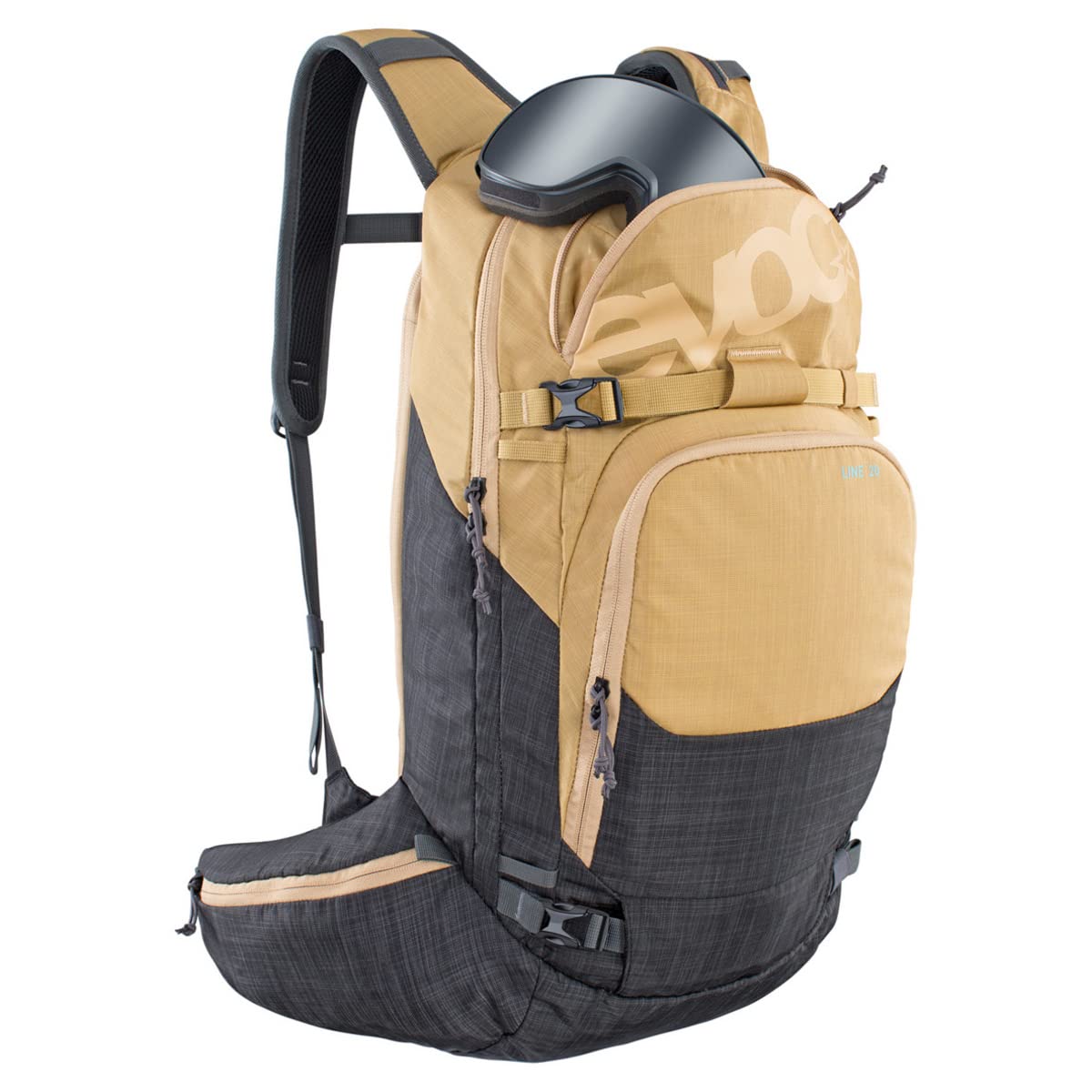 EVOC LINE 20 Tourenrucksack, Skirucksack (NEURALITE SYSTEM, separates Lawinenfach mit Notfallplan, Ski-/Snowboard Befestigungsmöglichkeiten, Hüftgurttaschen, BODDY HUGGING), Gold meliert/Karbongrau