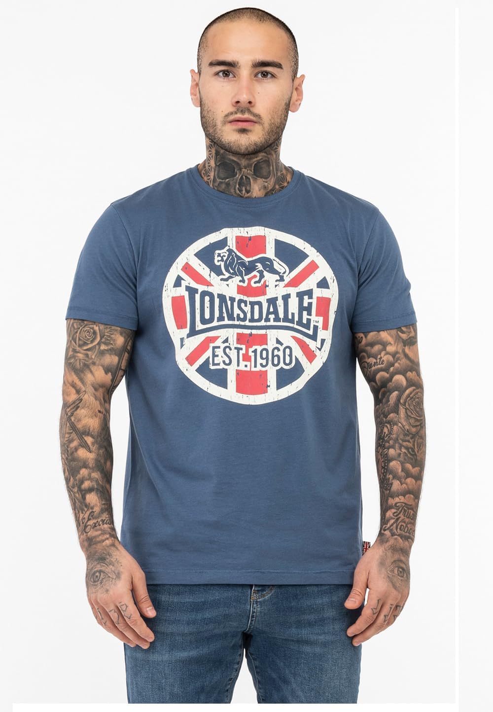 Lonsdale Men's T-Shirt Classic Vintage Logo Lion Blue White Red 100% Cotton Regular-Fit