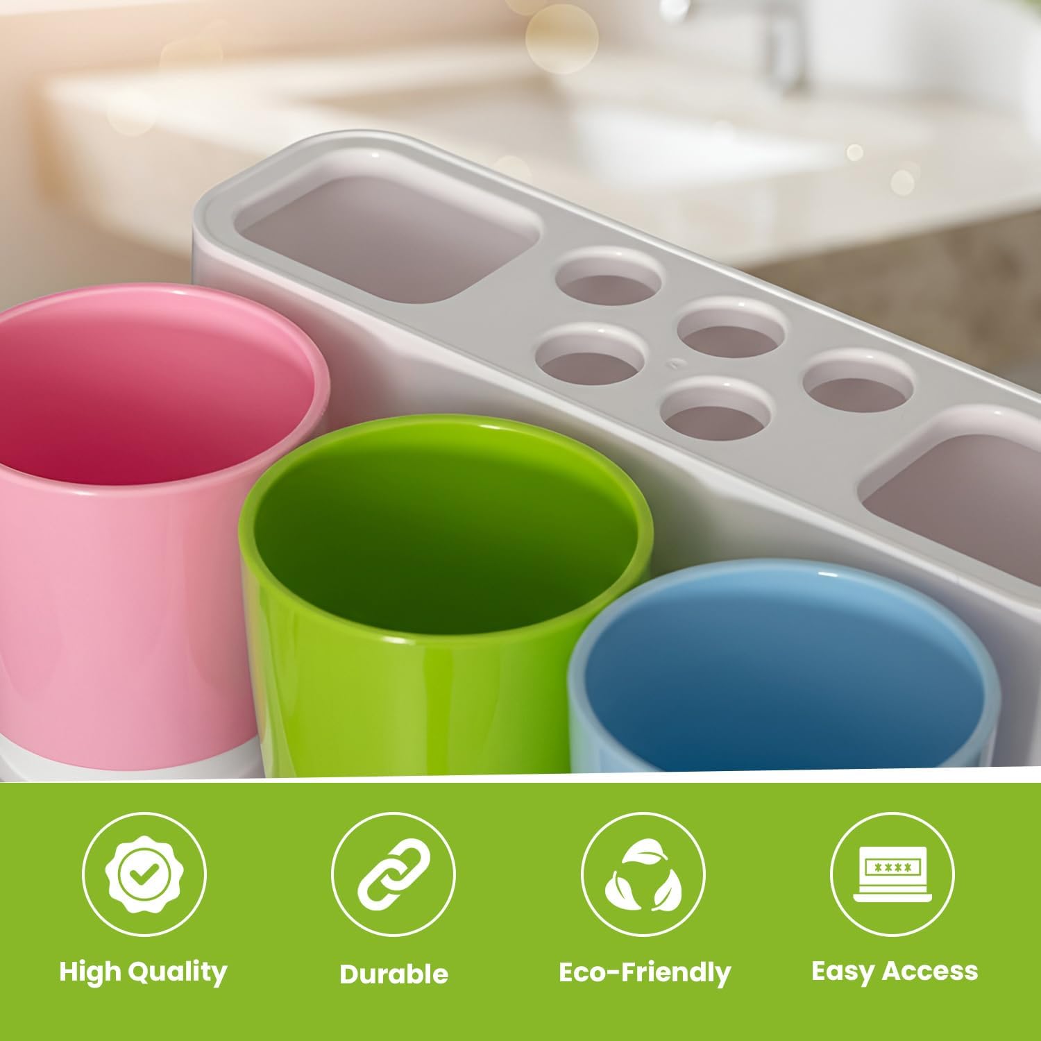 Basicwise Plastic Bathroom Toothbrush Holder Countertop Oral Care Organizer Storage Rack with 5 Brush Holes 2 Toothpaste Slots and 3 Colors Rinse Cups for Family & Guest Bathroom Essentials