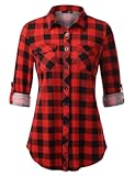 Womens Soft Stretchy Knit Plaid Shirts Roll Up Long Sleeve Collared Button Down Blouses Tops