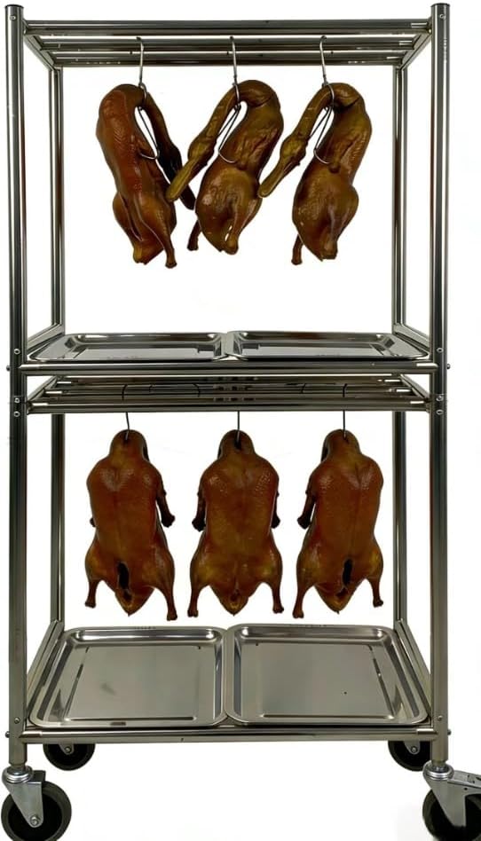 304 Stainless Steel Double-Layer Hanging Meat Rack with Wheels and Drip Trays, Commercial Kitchen Drying Rack for Duck, Goose, Bacon, Sausage, Heavy-Duty Food Storage Cart, 24.6x16.14x57.09 Inches