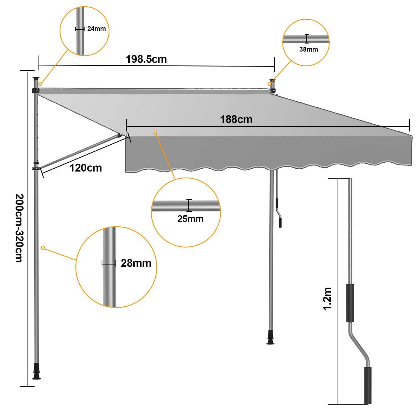 Randaco Roleta z korbą, 200 x 120 cm, regulowana, wysuwana, roleta bez otworów, odporna na promieniowanie UV, z regulacją wysokości, do balkonu, ogrodu, tarasu, patio, szarej