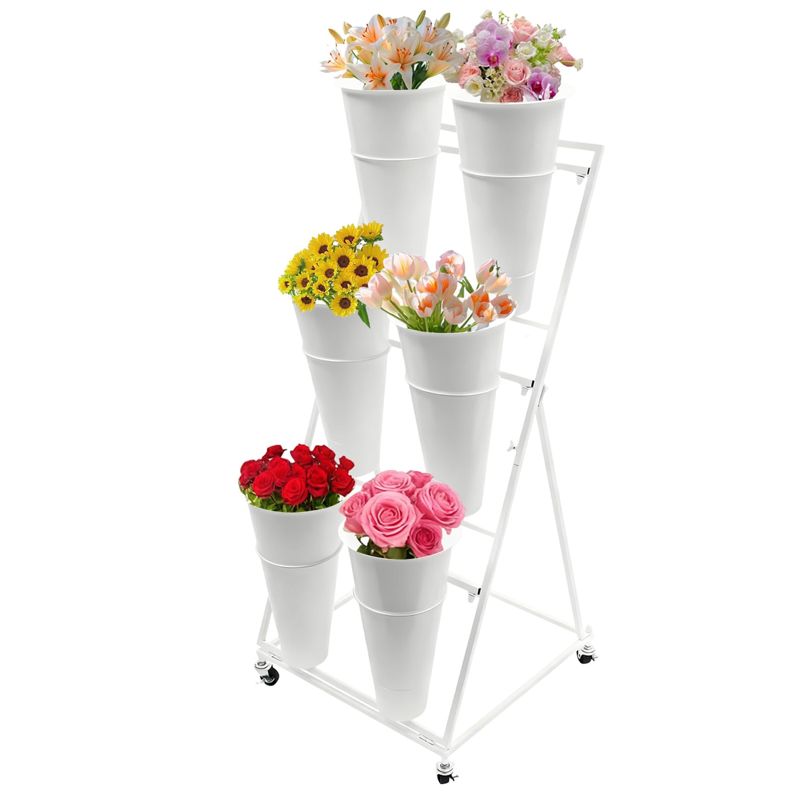 Flower Display Stand, 2 Layers Heavy Duty Metal Moving Wrought Iron Bouquet Shelf, Iron Florist Flower Display Stand with Plastic Buckets and Wheel, for Garden, Courtyard (3 Tier 6 White Bucket)