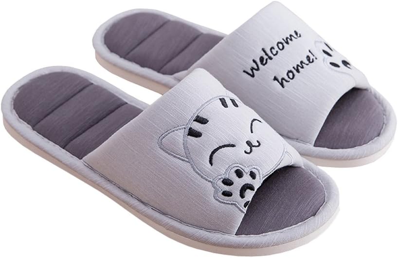 CliontWomen's Cute Cat Sweet Love Soft Indoor Slippers Open Toe Cotton Slip on Home Shoes House Couple Slippers