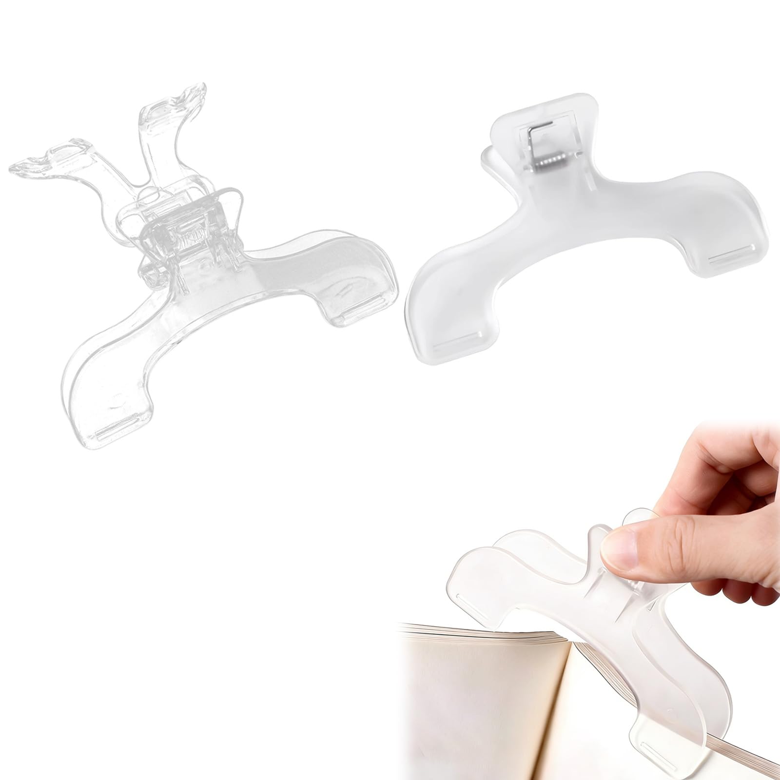 Clip de Libro Transparente 2 Piezas, sujetapáginas U de plástico Resistente con Soporte, Accesorio Lectura Manos Libres para Libros, revistas y Recetas, Ideal para Estudio, Cocina y Oficina