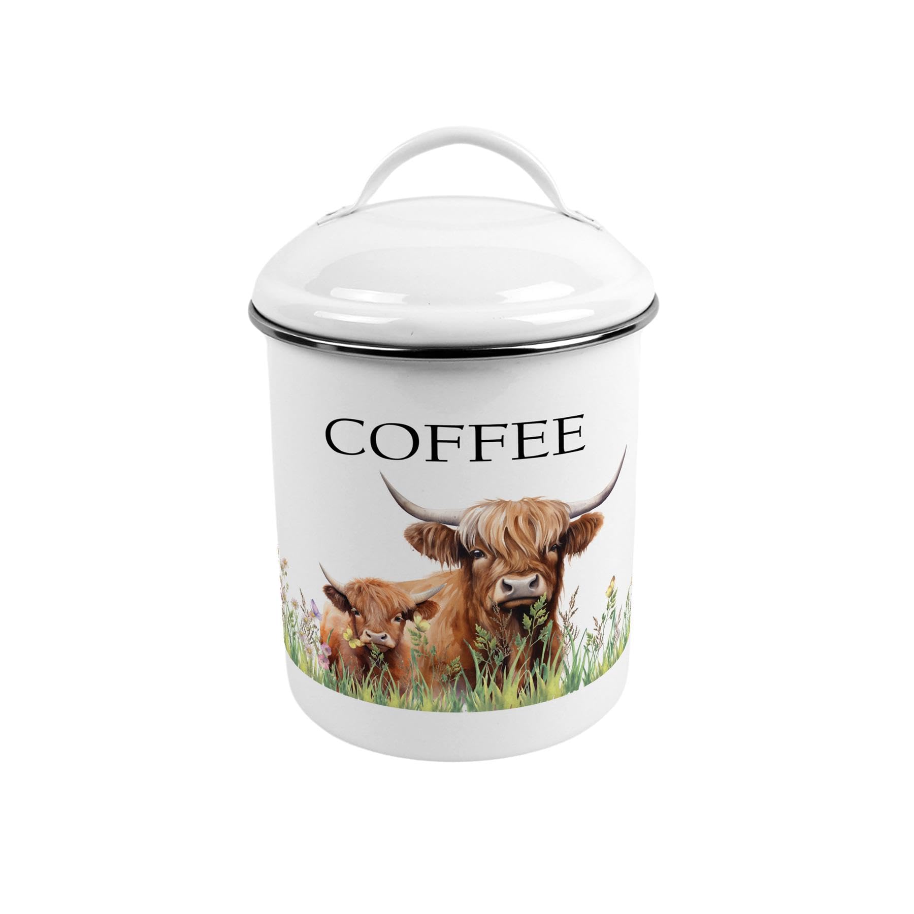 Purely Home Highland Cow & Calf Medium-Sized Metal Coffee Canister - Stylish Farmhouse Tin Kitchen Storage Jar - Tea/Coffee/Sugar Caddy Gift With Lid & Handle