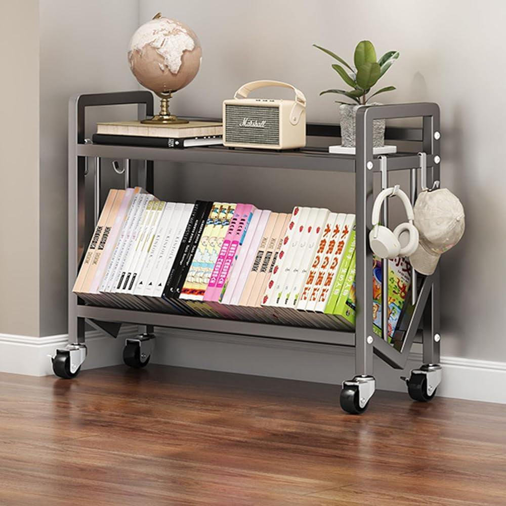 Estantería móvil de metal con ruedas: carrito independiente multicapa para libros