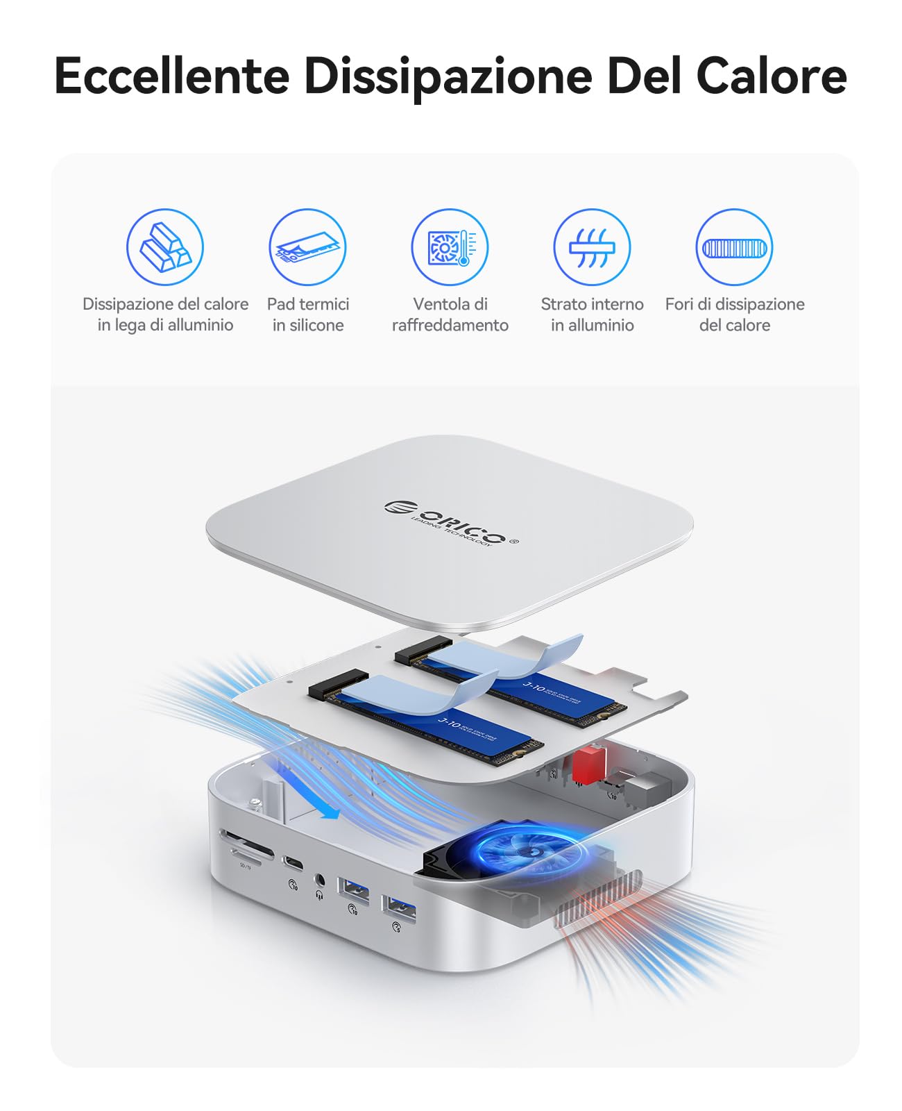 ORICO Mac mini M4 Dock Dual-Bay NVMe/SATA, docking station USB-C 10 in 1 con HDMI 4K, 10 Gbps, USB C USB A, PD60W, lettore di schede SD/TF, RJ45 1000 Mbps e alloggiamento Dual SSD per Mac mini M4 e M4