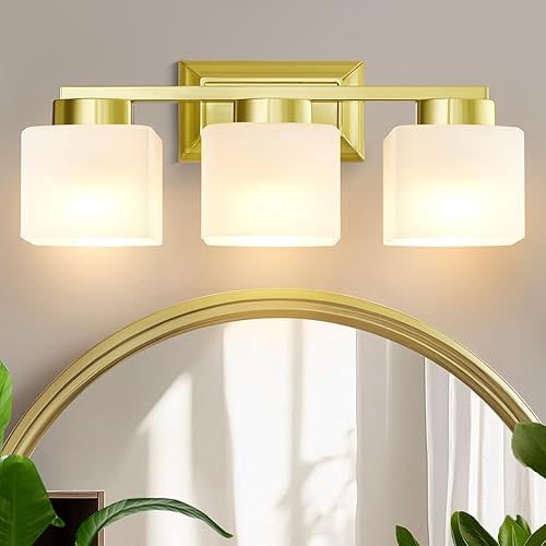 Lámparas de baño de 3 luces, luces doradas para tocador de baño con pantalla de vidrio, accesorios de iluminación modernos sobre espejo, lámparas de